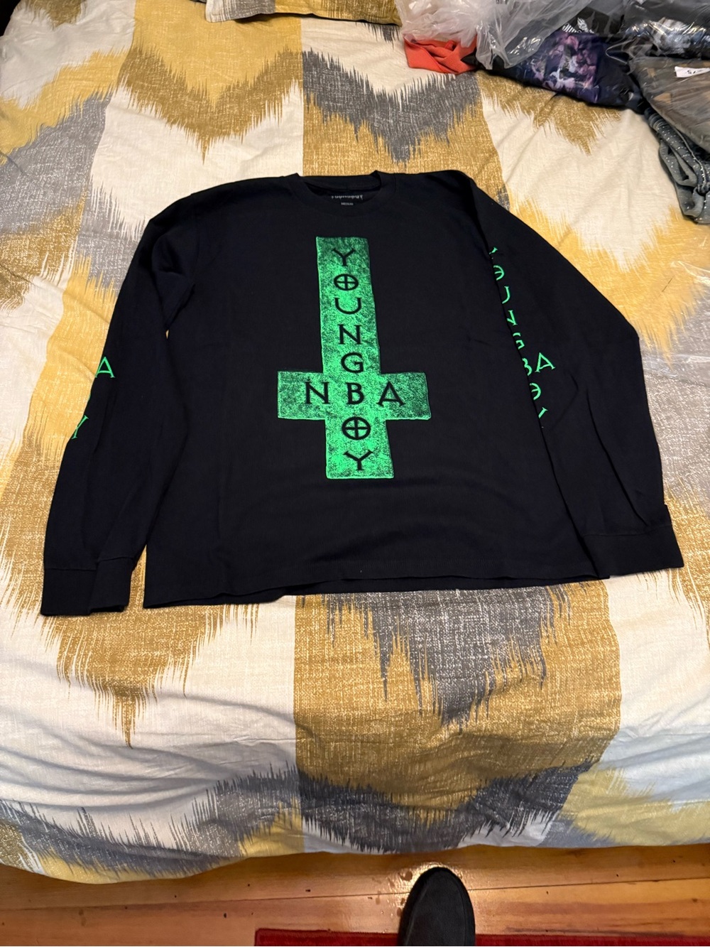 NBA YoungBoy Black Long Sleeve Tee with Neon Green Cross Graphic size M